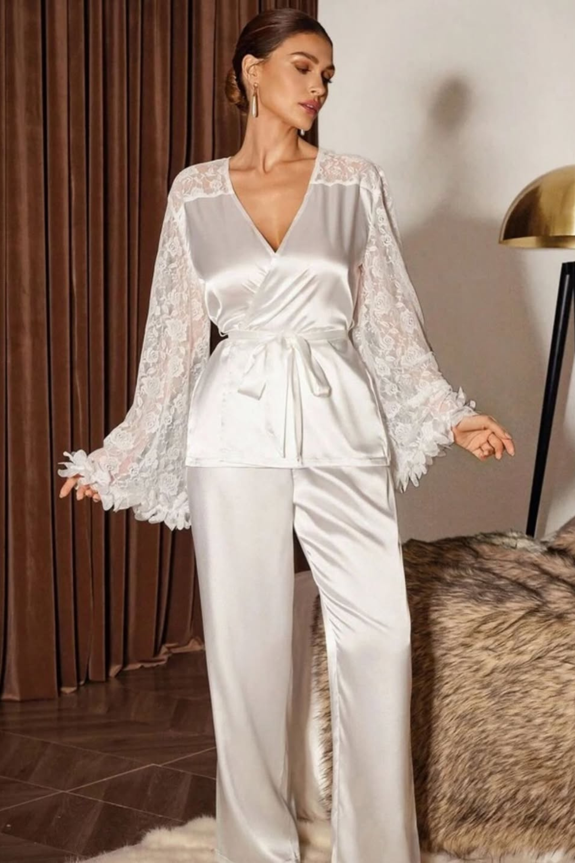 Lace Trim Plush Pajama Set