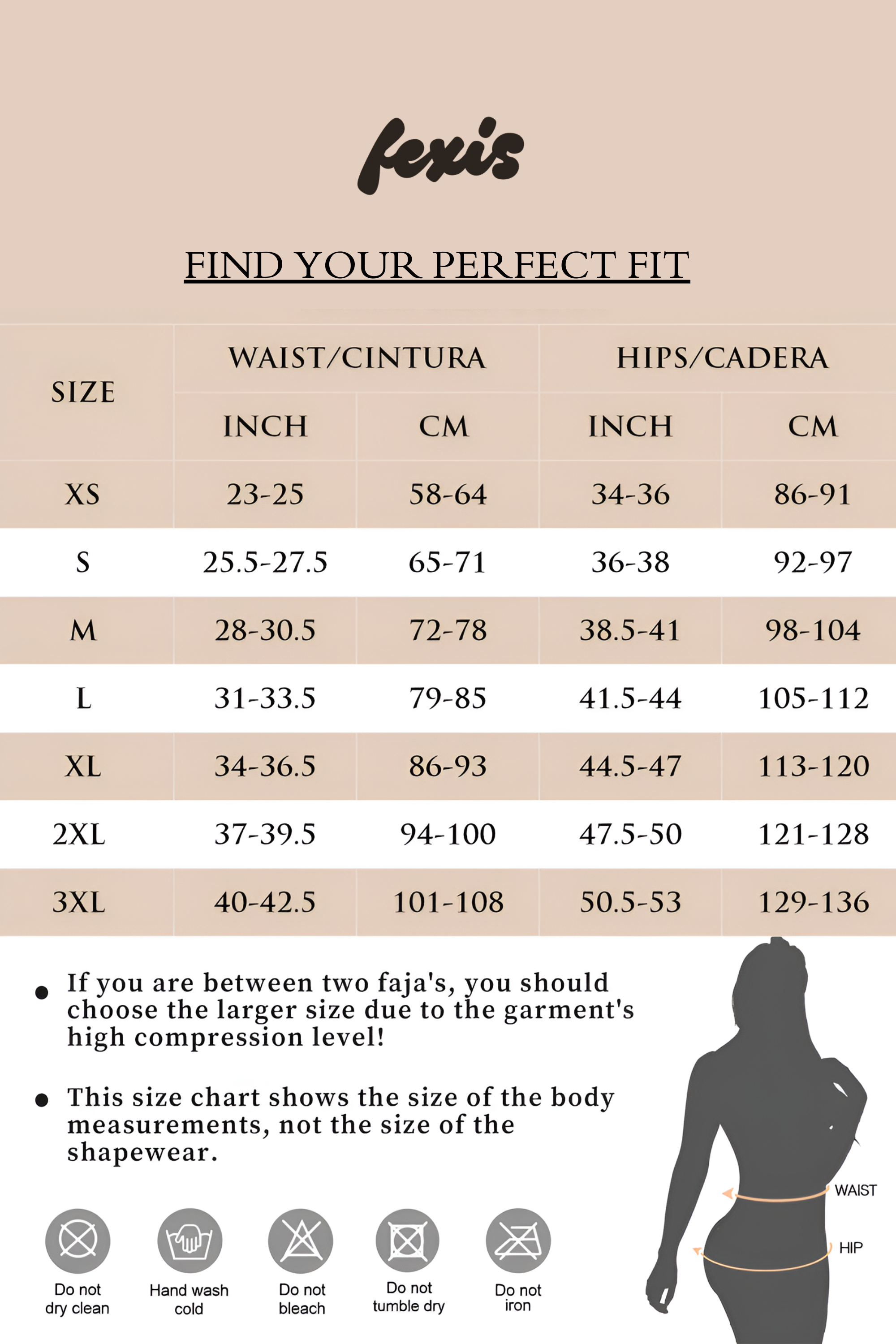 Fexis size chart for waist and hips with measurements in inches and centimeters, and a silhouette of a person wearing a faja.