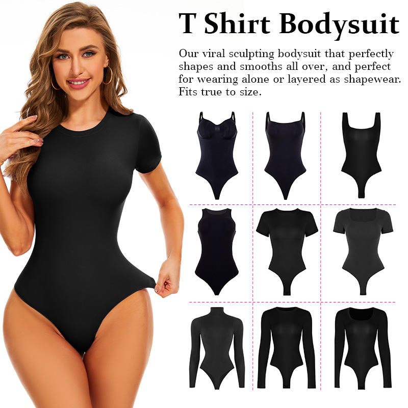USA Warehouse Shipping Going Out T Shirt Tops Second-skin Feel Recycle Shapewear Crew Neck Short Sleeve Bodysuit For Women